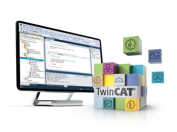 SPS-Programmierung mit TwinCAT 3 Bildschirm mit TwinCAT-Software und farbigen Programmierblöcken in verschiedenen Anordnungen.